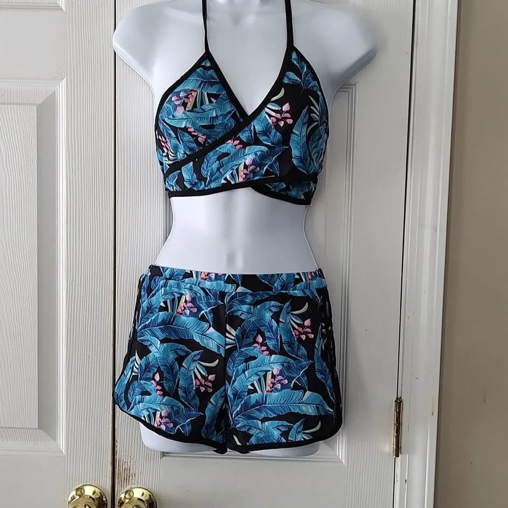 Shein 3 pc tropical binkini short set Sz M NWOT